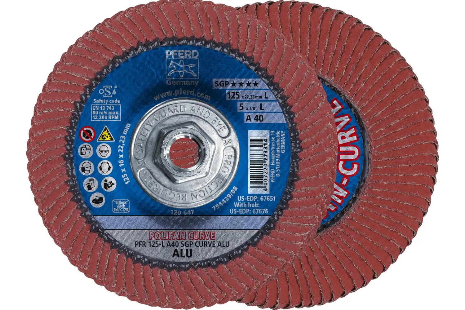 Picture of Pferd Flap Disc, 5" x 5/8-11, A SGP Curve ALU, 40 Grit, Large Radius, Aluminum oxide